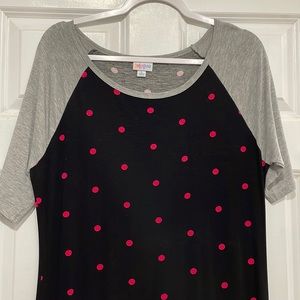 LuLaRoe Julia dress. Black with pink polka dots and grey sleeves.